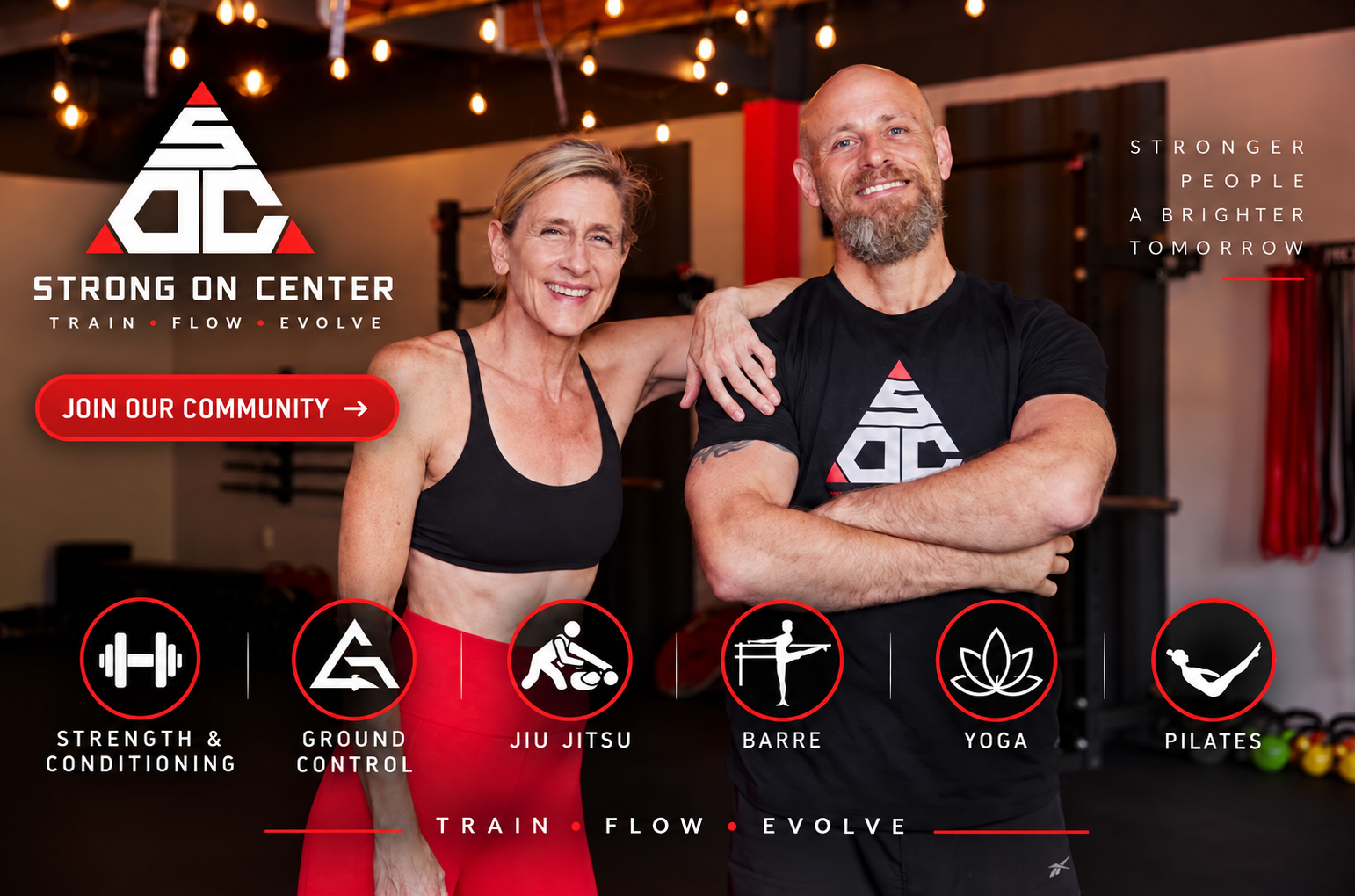 Strong on Center owners smiling in the studio, with class icons for Strength, Ground Control, Jiu Jitsu, Barre, Yoga, and Pilates.